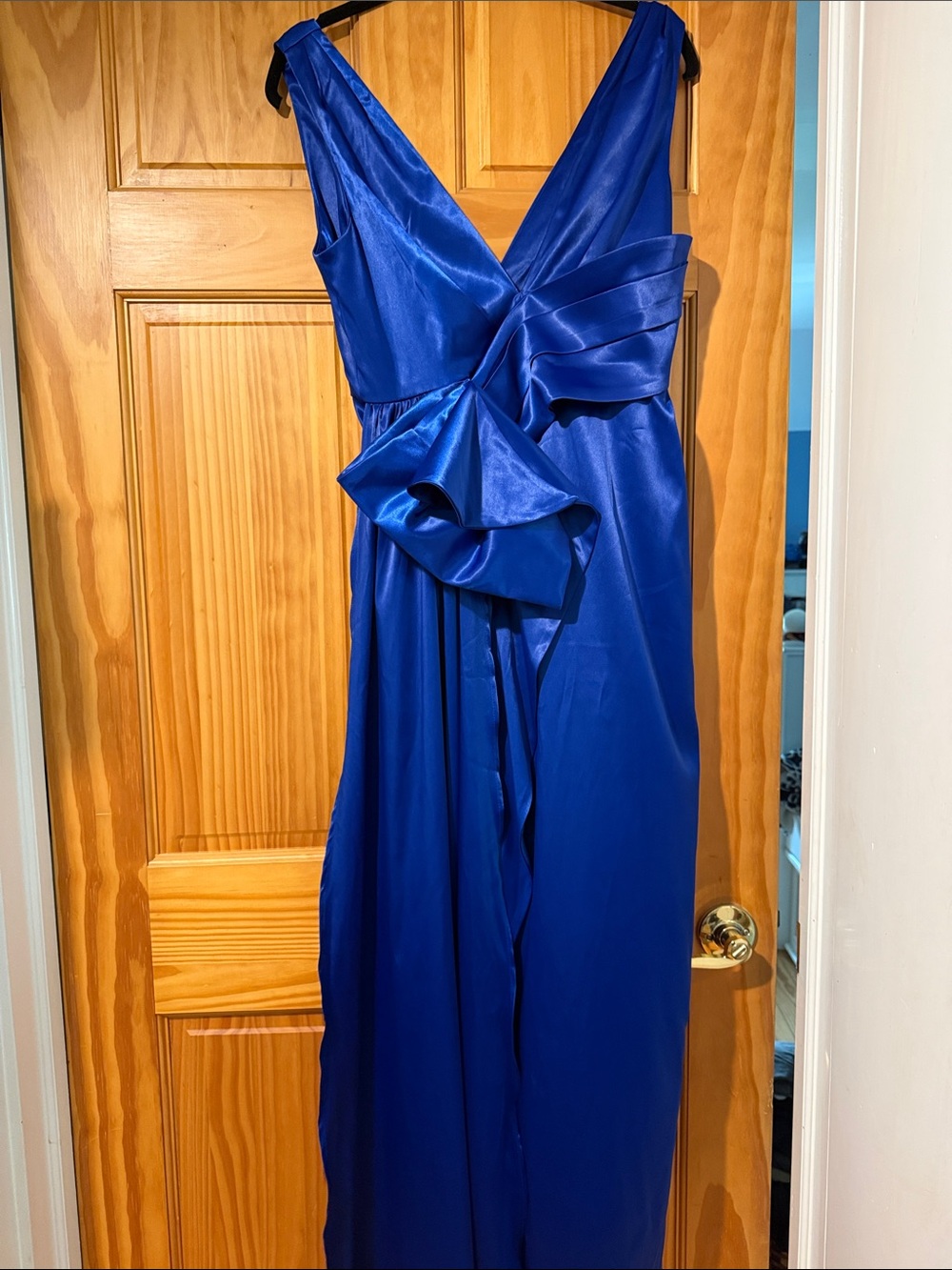 Royal Blue Satin Maxi Dress with Draped Bow Detail